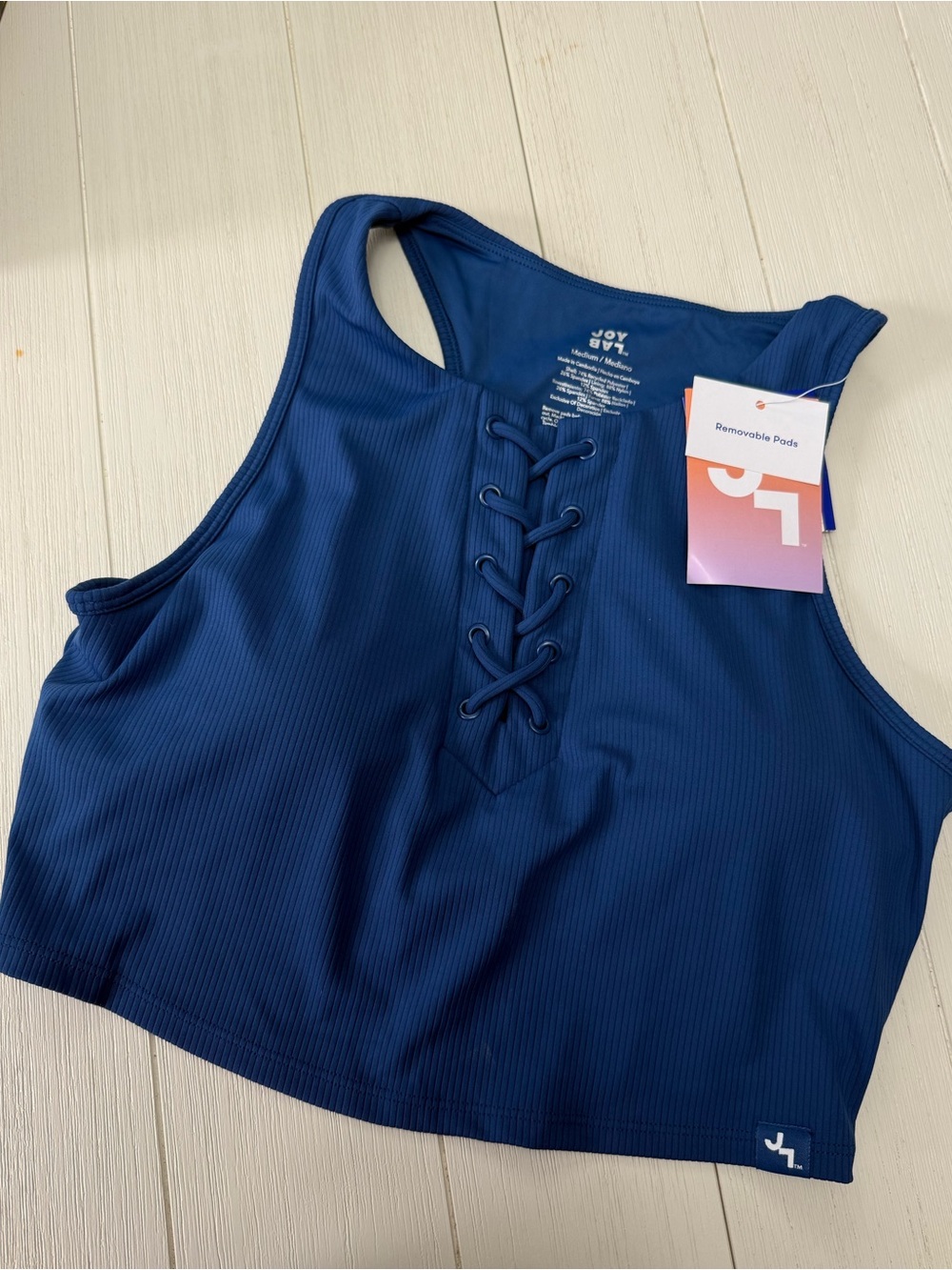JoyLab Navy Lace-Up Ribbed Sport Crop